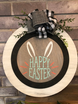 Happy Easter with Bunny Ears: Swappable Round Door Hanger Insert - Paisley Grace Makery