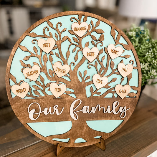 Family Tree with Hearts 12" Circle with Stand: Laser Cut - Paisley Grace Makery
