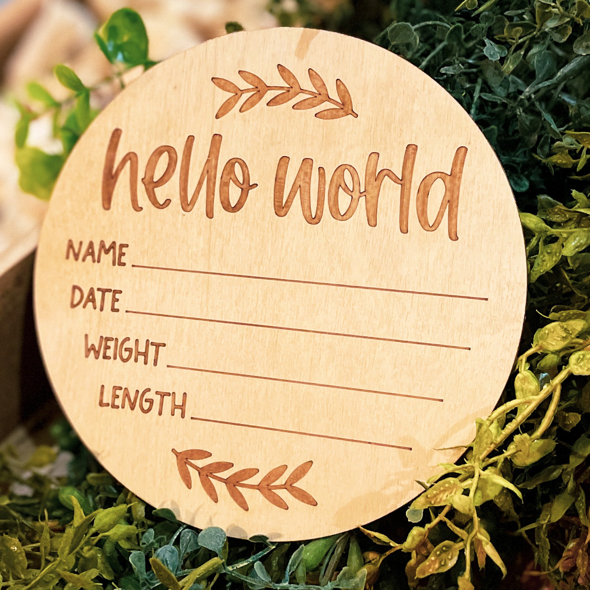 Hello World Engraved Birth Stat Round - Paisley Grace Makery