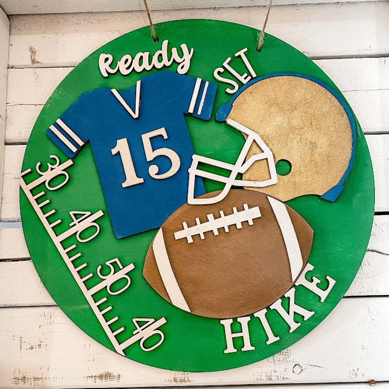 PAINTED Football Ready Set Hike: Small Round Youth Door Hanger - Paisley Grace Makery