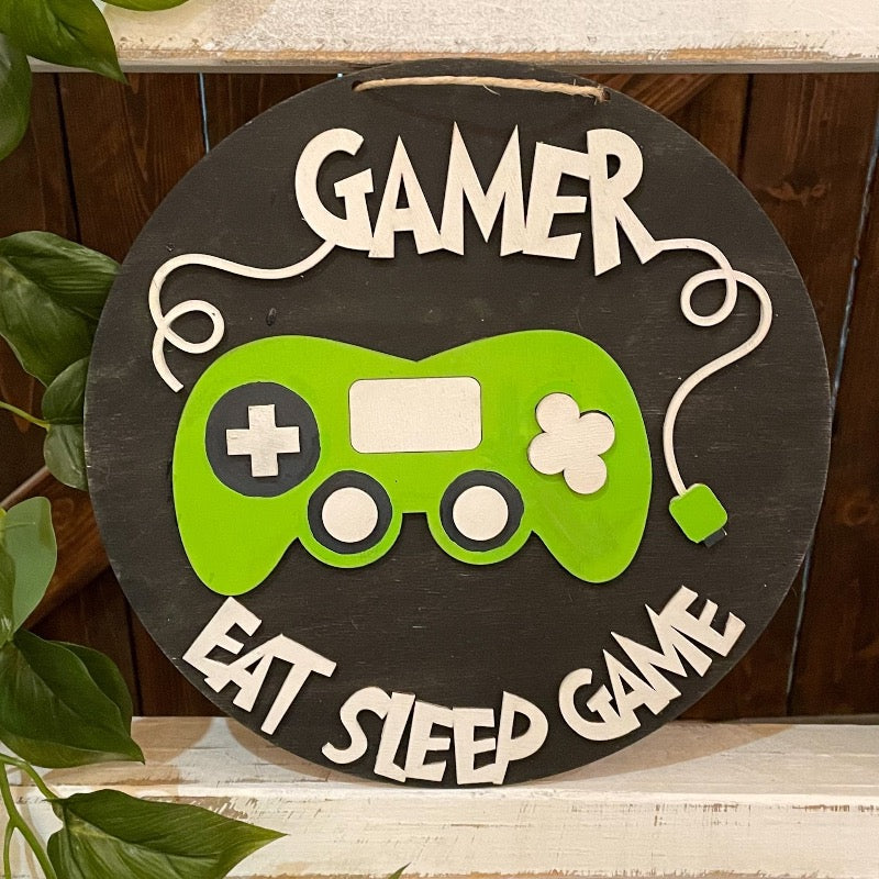 Gamer Eat Sleep Game: Small Round Youth Door Hanger - Paisley Grace Makery