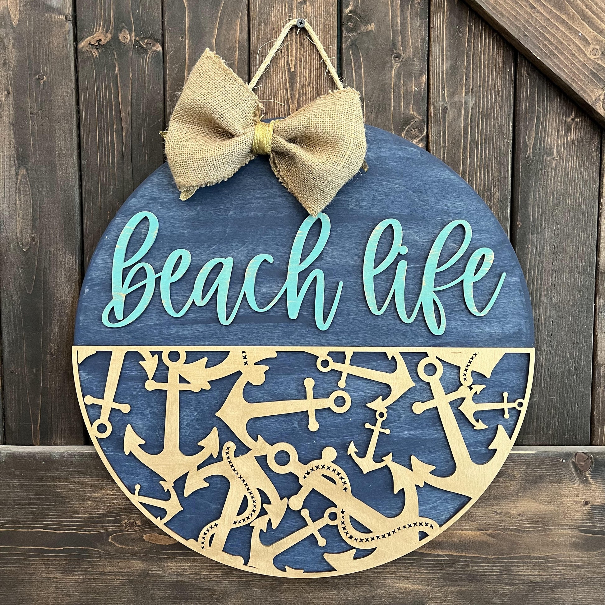 PAINTED - 3D Beach Life Circle Door Hanger 18" with a BOW - Paisley Grace Makery