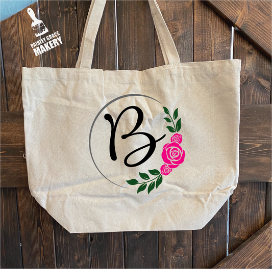 Monogram with Flowers: Canvas Bag - Paisley Grace Makery
