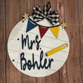 Notebook Teacher with Flags and Pencil Personalized Name Door Hanger P2376