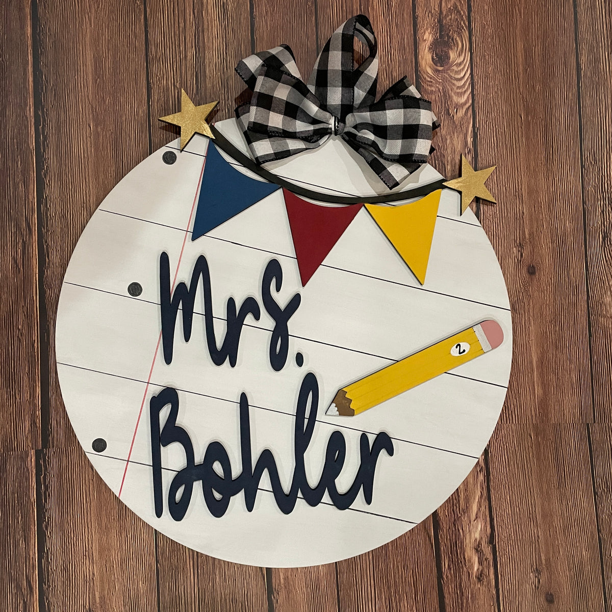 Notebook Teacher with Flags and Pencil Personalized Name Door Hanger P2376