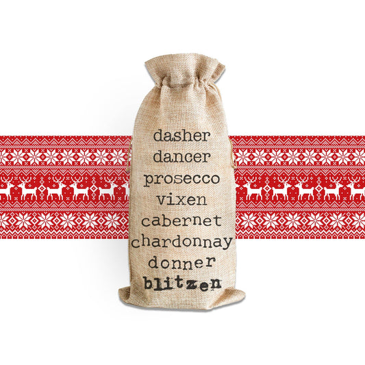 Reindeer Names Wine List Chardonnay Blitzen Alcohol Bottle Bag Single Wine Bottle Sac - Paisley Grace Makery