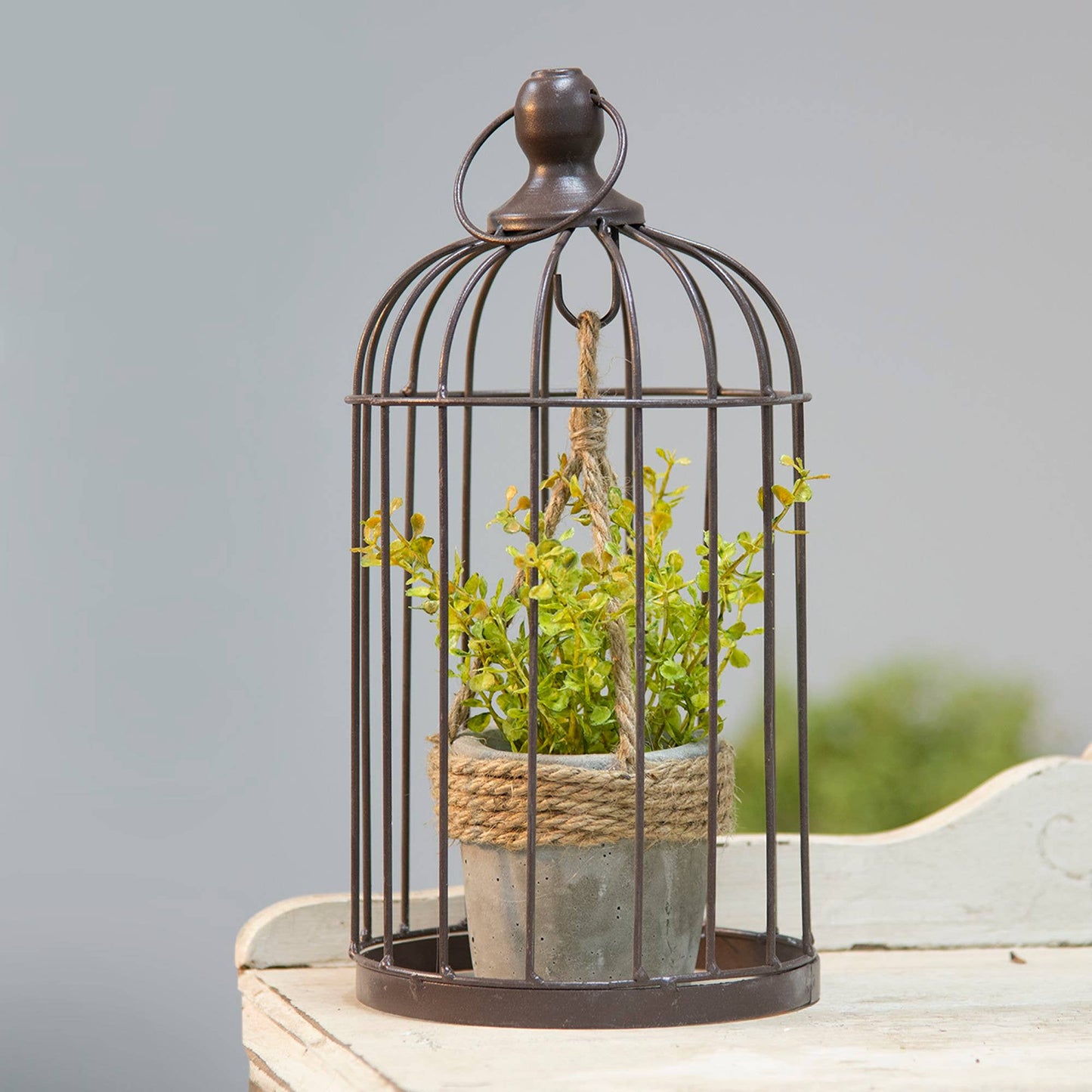 Small Metal Birdcage With Cement And Jute Plant Holder - Paisley Grace Makery