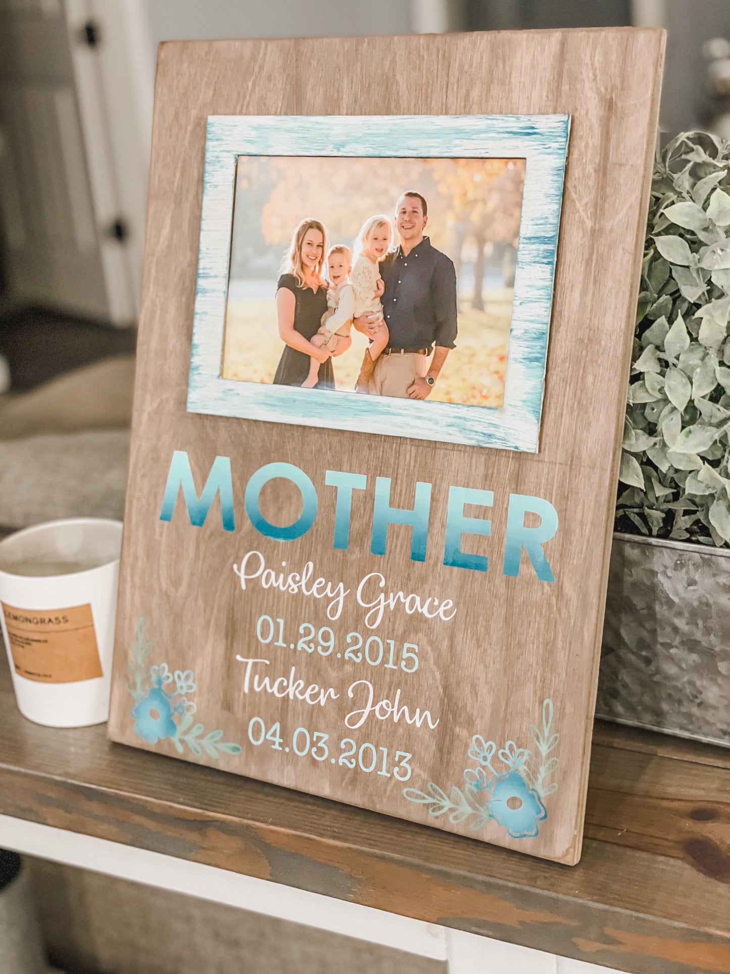 Mom with Flowers (Customize to any name): Photo Holder Board - Paisley Grace Makery
