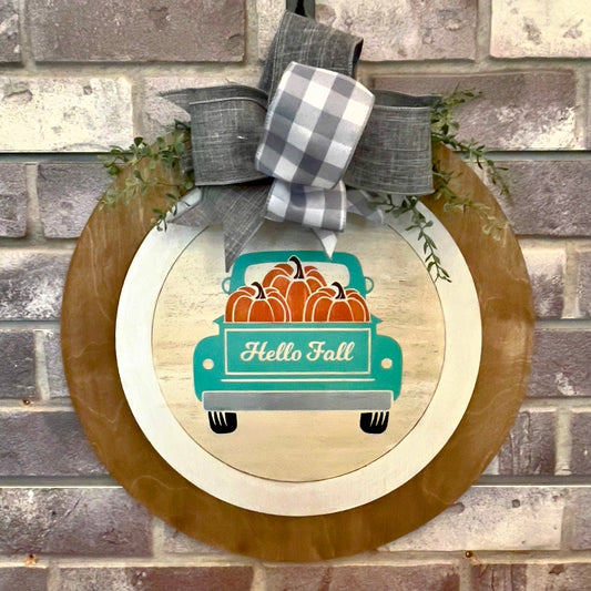Truck Hello Fall: Swappable Round Door Hanger Insert - Paisley Grace Makery